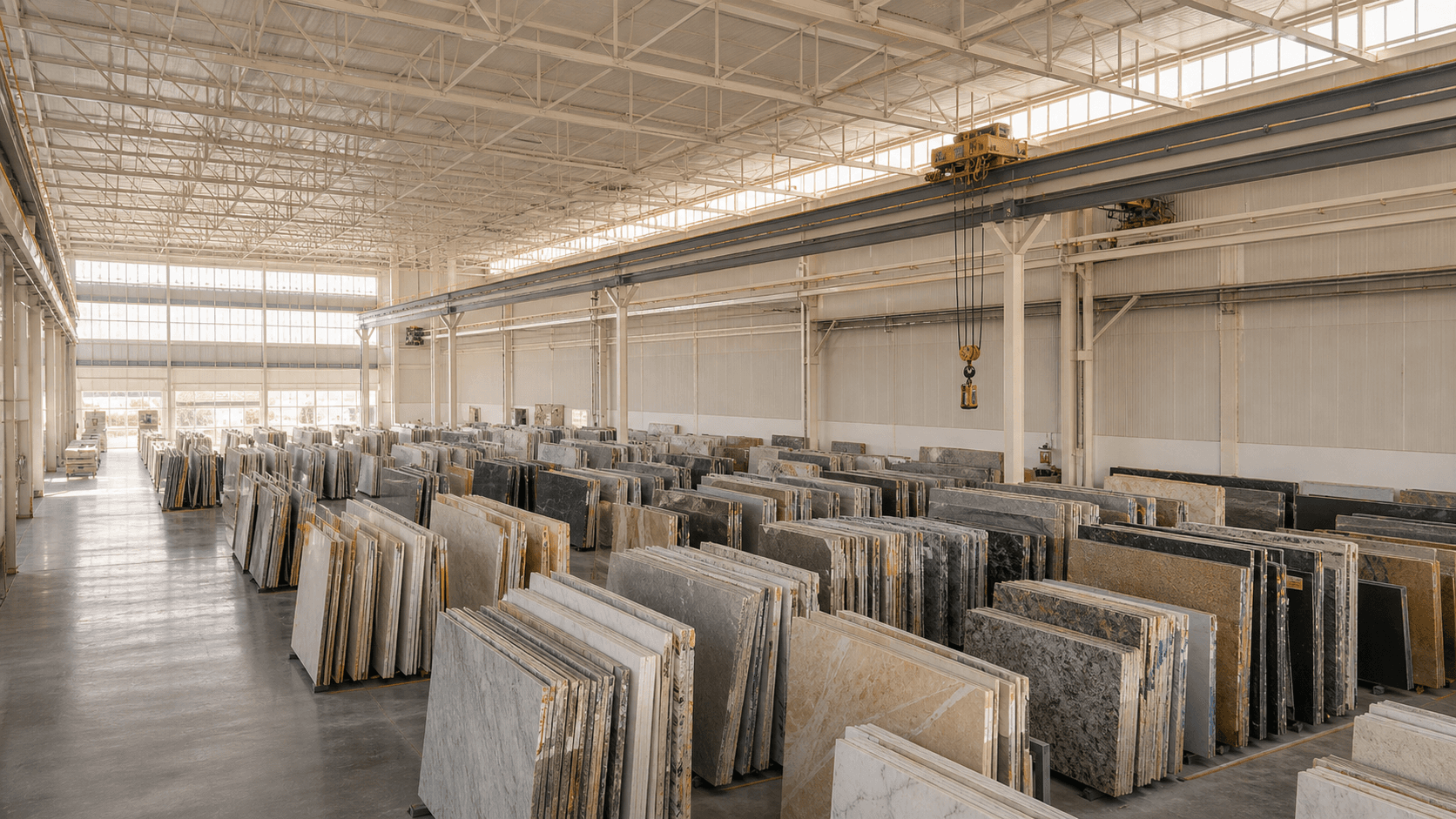 Rows of marble and quartzite slabs in a China stone warehouse