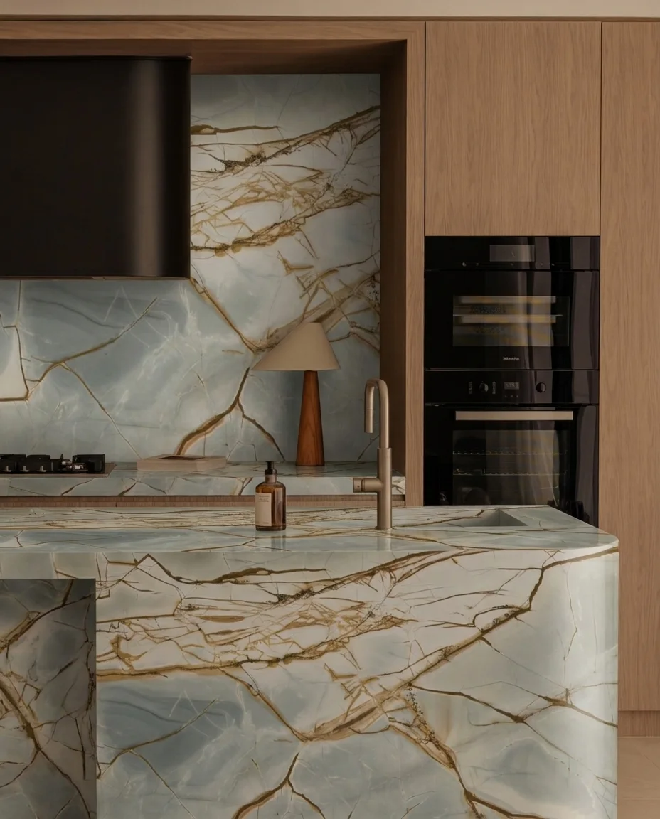 Blue Roma natural stone island and backsplash with warm wood cabinetry