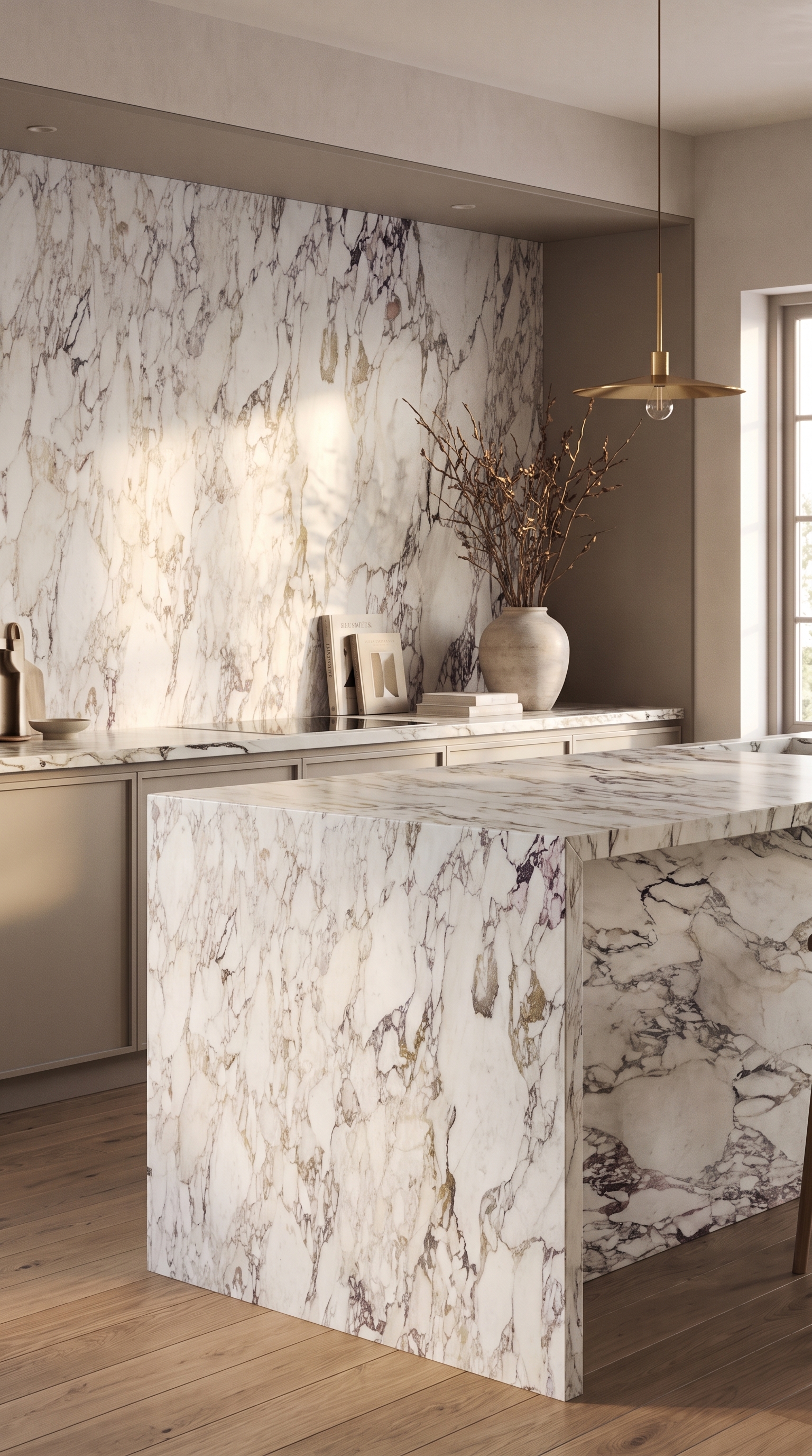 Calacatta Monet marble waterfall island and full-height feature wall in a warm kitchen