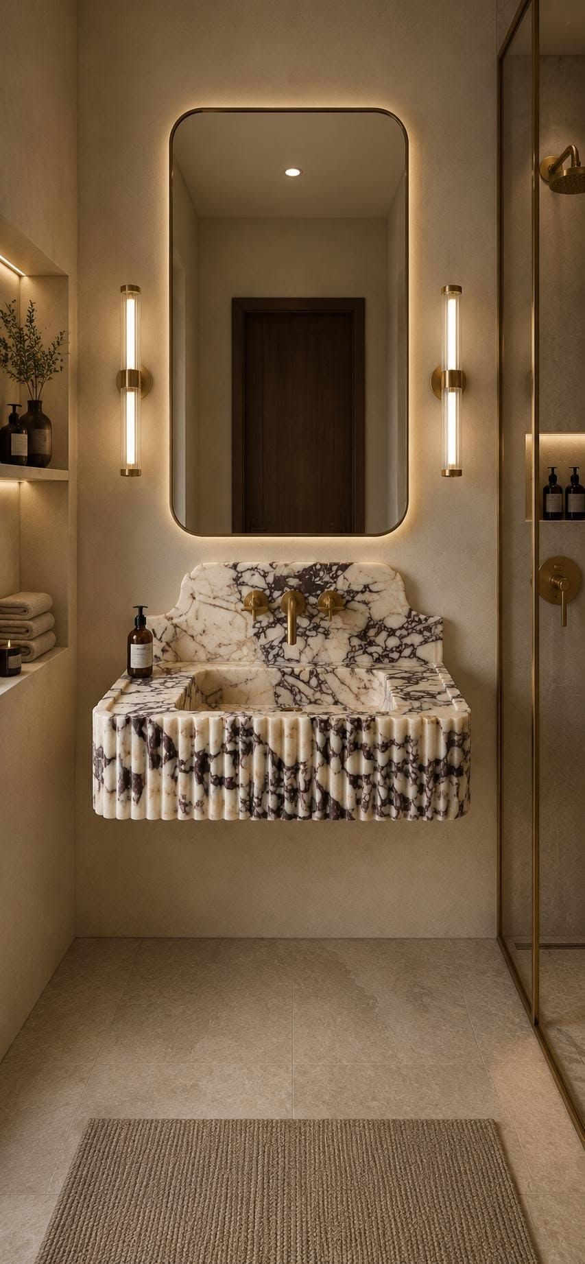 Fluted Calacatta Viola wall-mounted sink in a warm neutral powder room