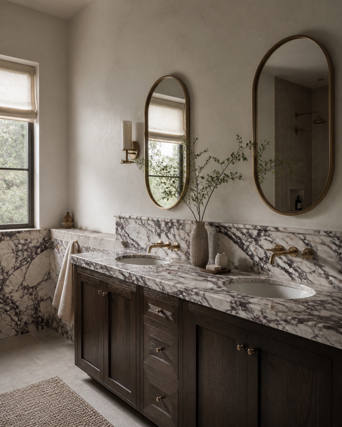 Original bathroom concept using Italian Calacatta Viola marble on a double vanity and backsplash