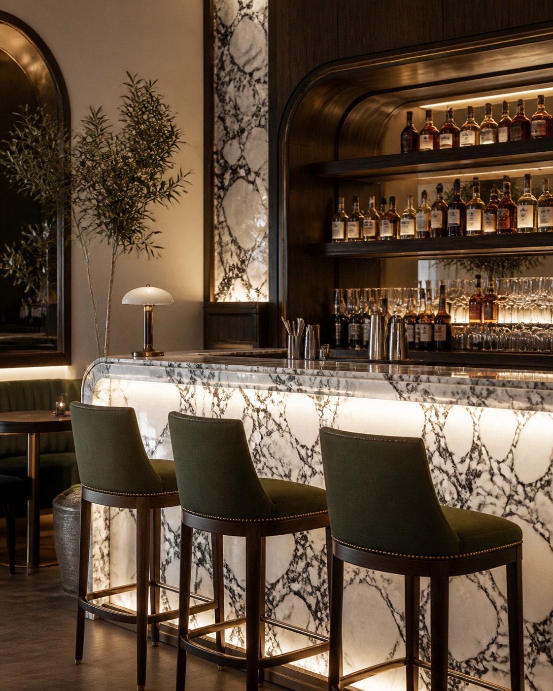 Original boutique hotel bar concept clad in Turkish Calacatta Viola marble with dark wood and olive green seating
