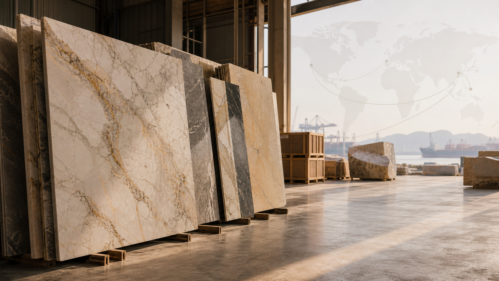 Marble slabs in a stone warehouse with shipping crates and an international route map