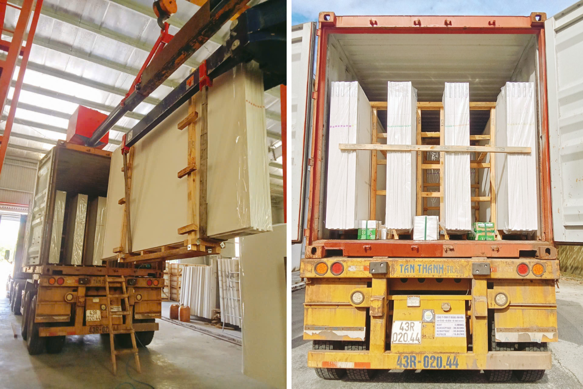 Stone slab crates loaded inside a shipping container