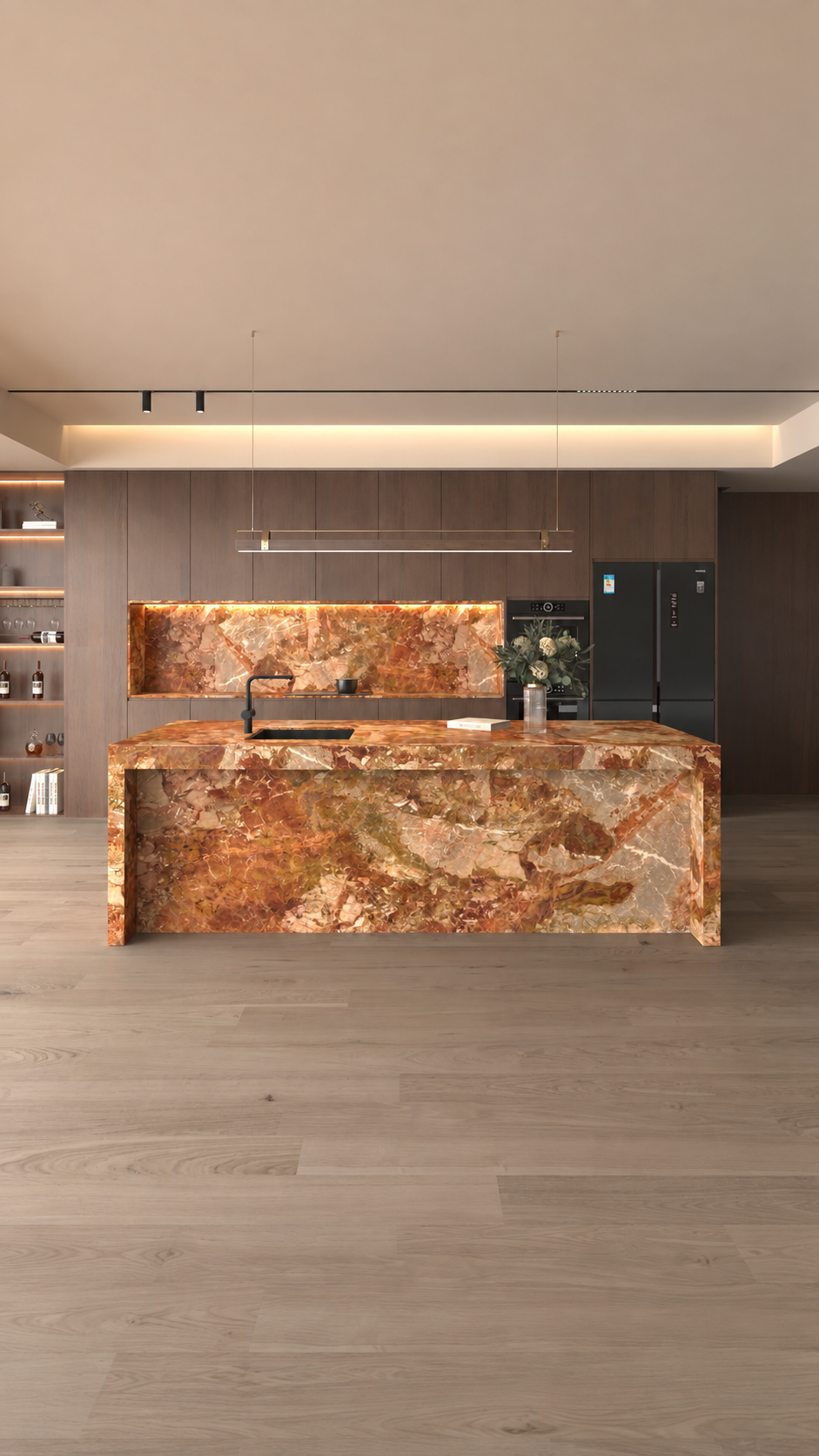 Breccia Pernice marble kitchen with a warm red-brown island and matching backsplash