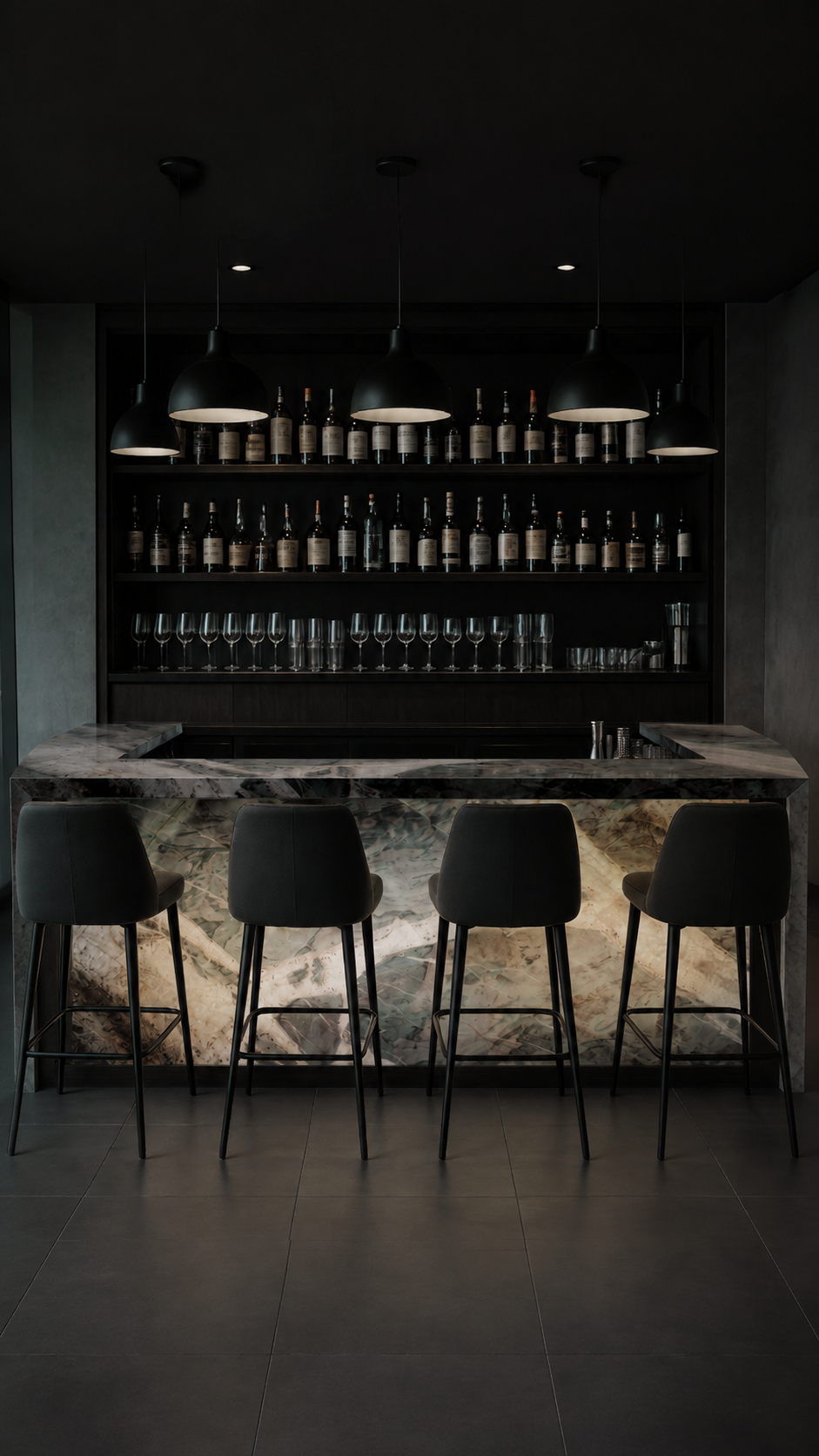 Patagonia Green quartzite used across a dark bar counter and illuminated front