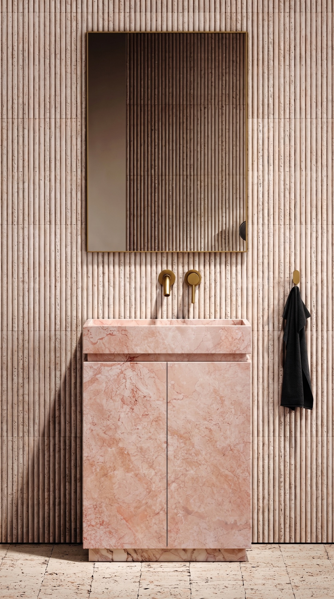 Cream Pink marble bathroom vanity with matching stone cabinet fronts