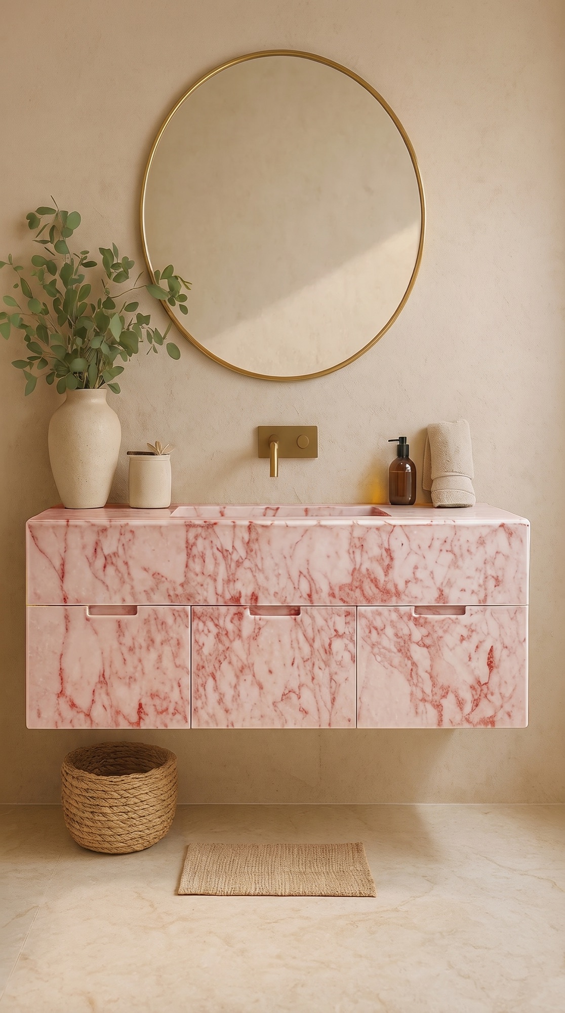Wall-mounted Cream Pink marble vanity with an integrated sink and round mirror