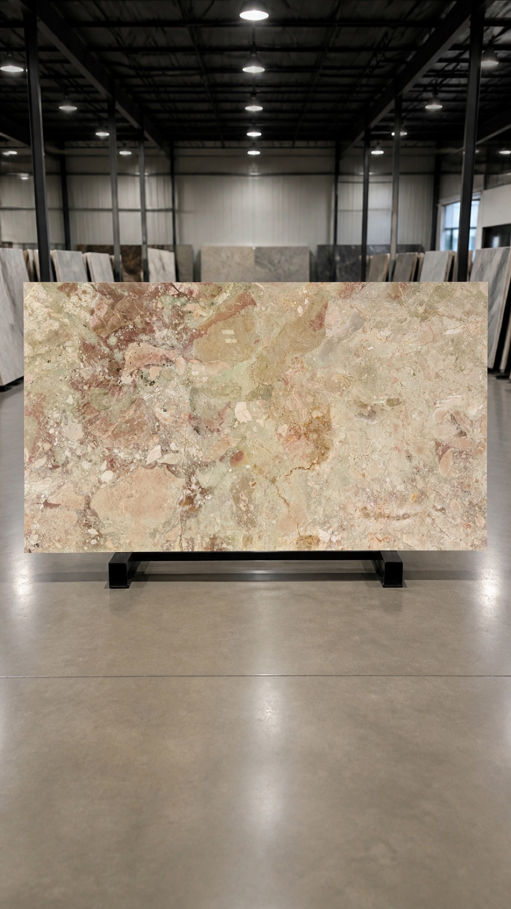 Full Breccia Botticelli Italian marble slab with pastel pink, pale green, cream, and beige fragments in a stone warehouse