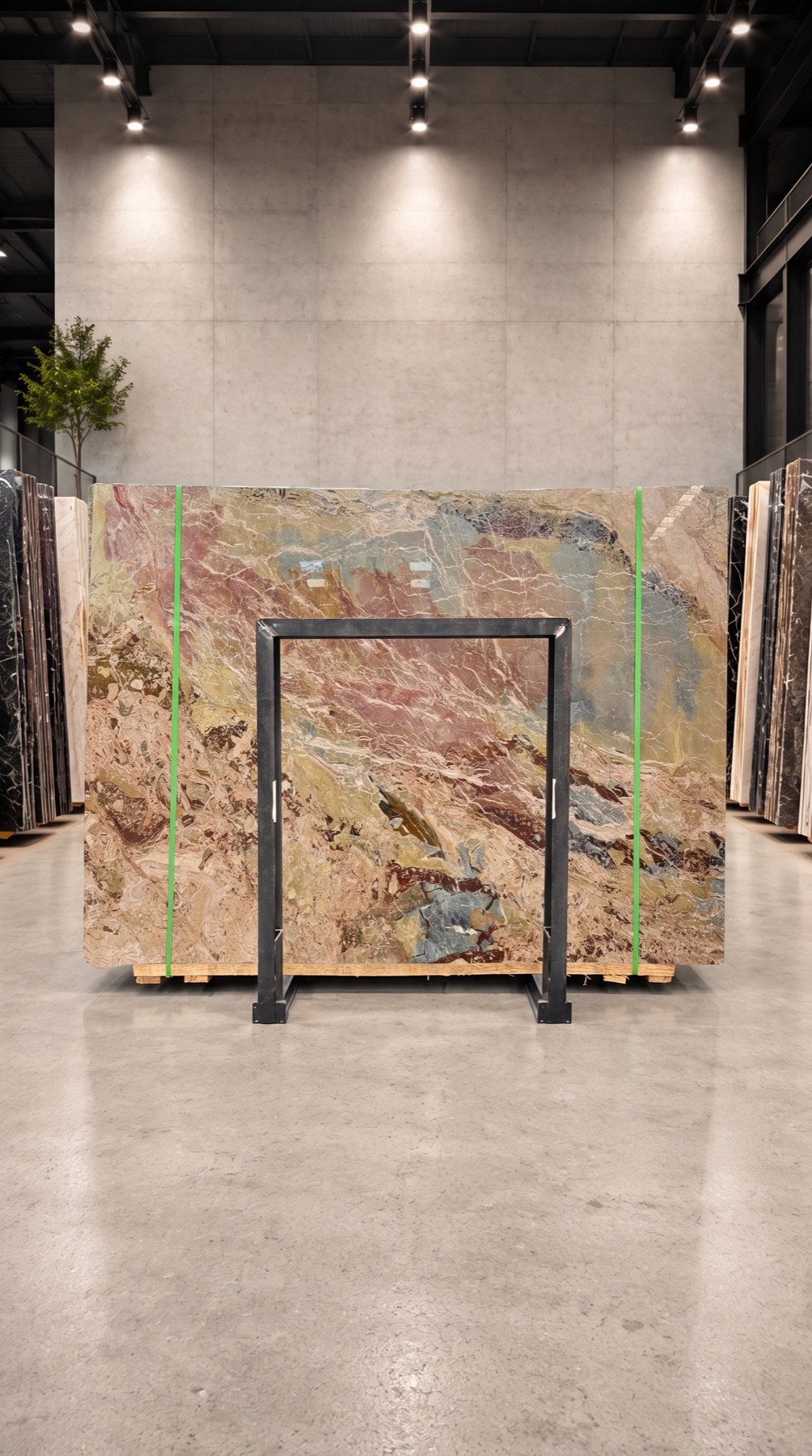 Full Breccia Pontificia Italian marble slab with red, ochre, pink, green, grey, and cream brecciated fragments