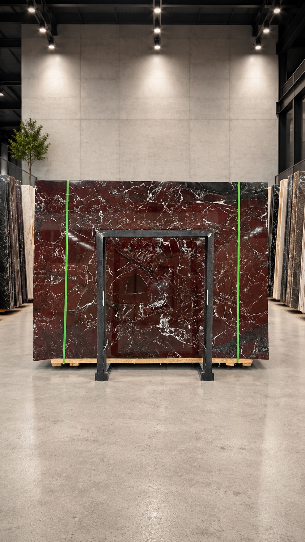Full Rosso Levanto Italian marble slab with a deep wine-red ground and irregular white calcite veining