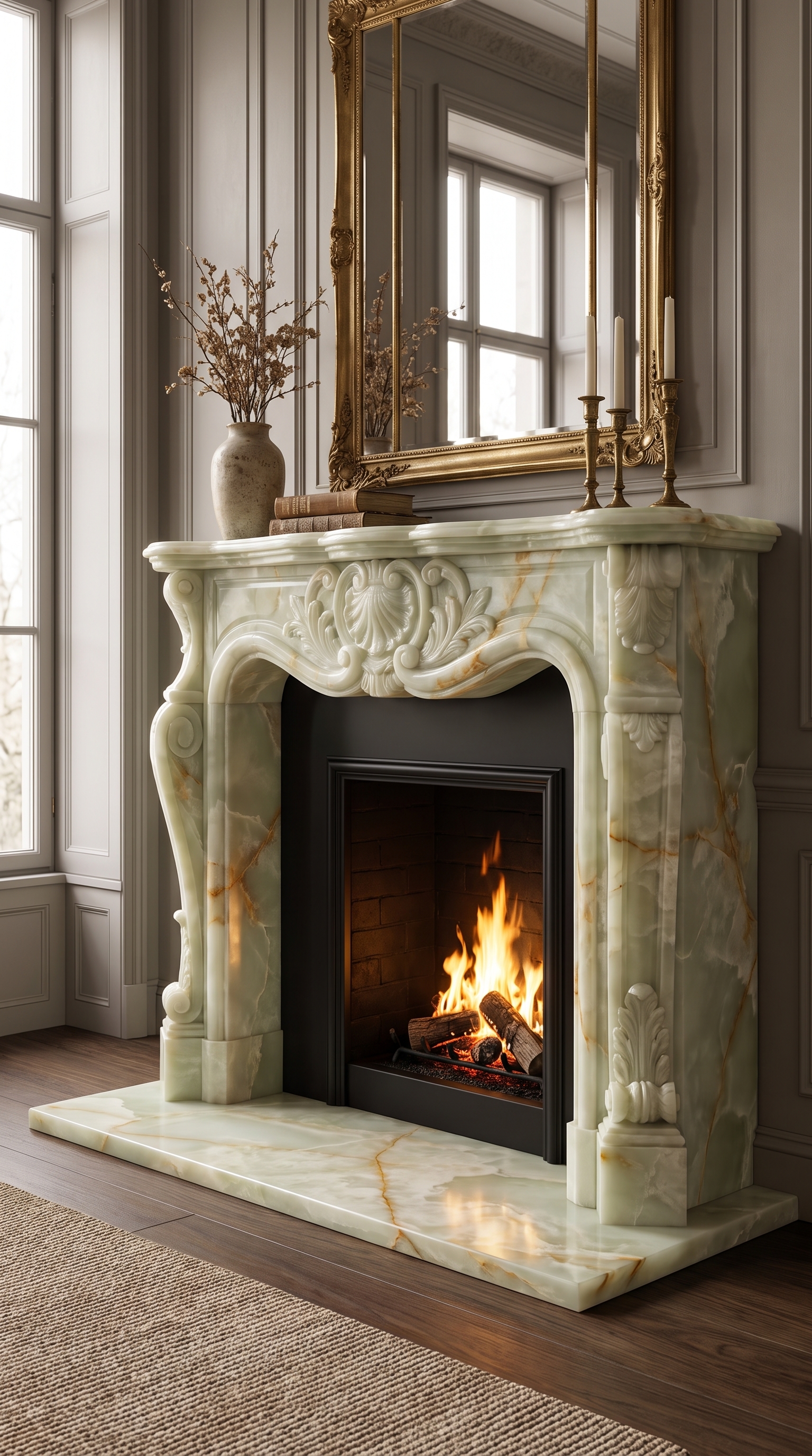 Green onyx fireplace surround in a softly lit living room