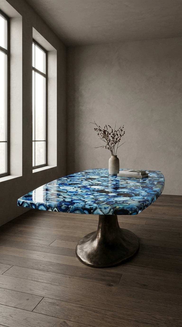 Labradorite semi-precious stone table with blue and green optical flashes
