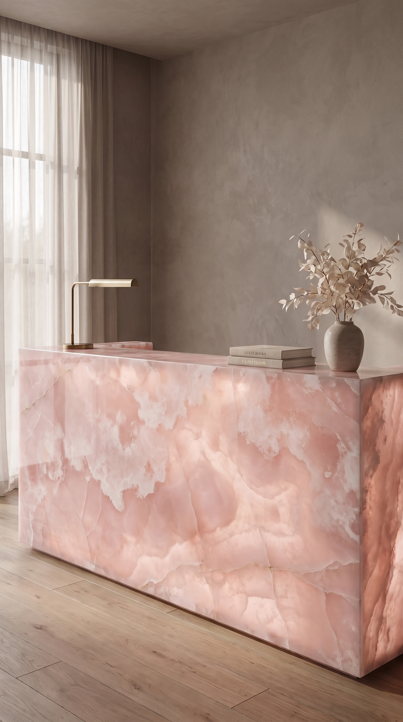 Backlit pink onyx island glowing in a warm minimalist interior