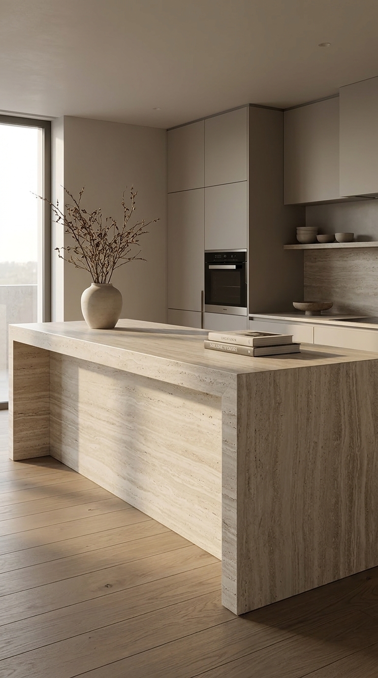Warm travertine kitchen island and wall surfaces in a minimal interior