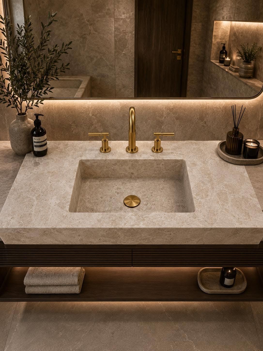 Travertine bathroom vanity in a warm softly lit interior