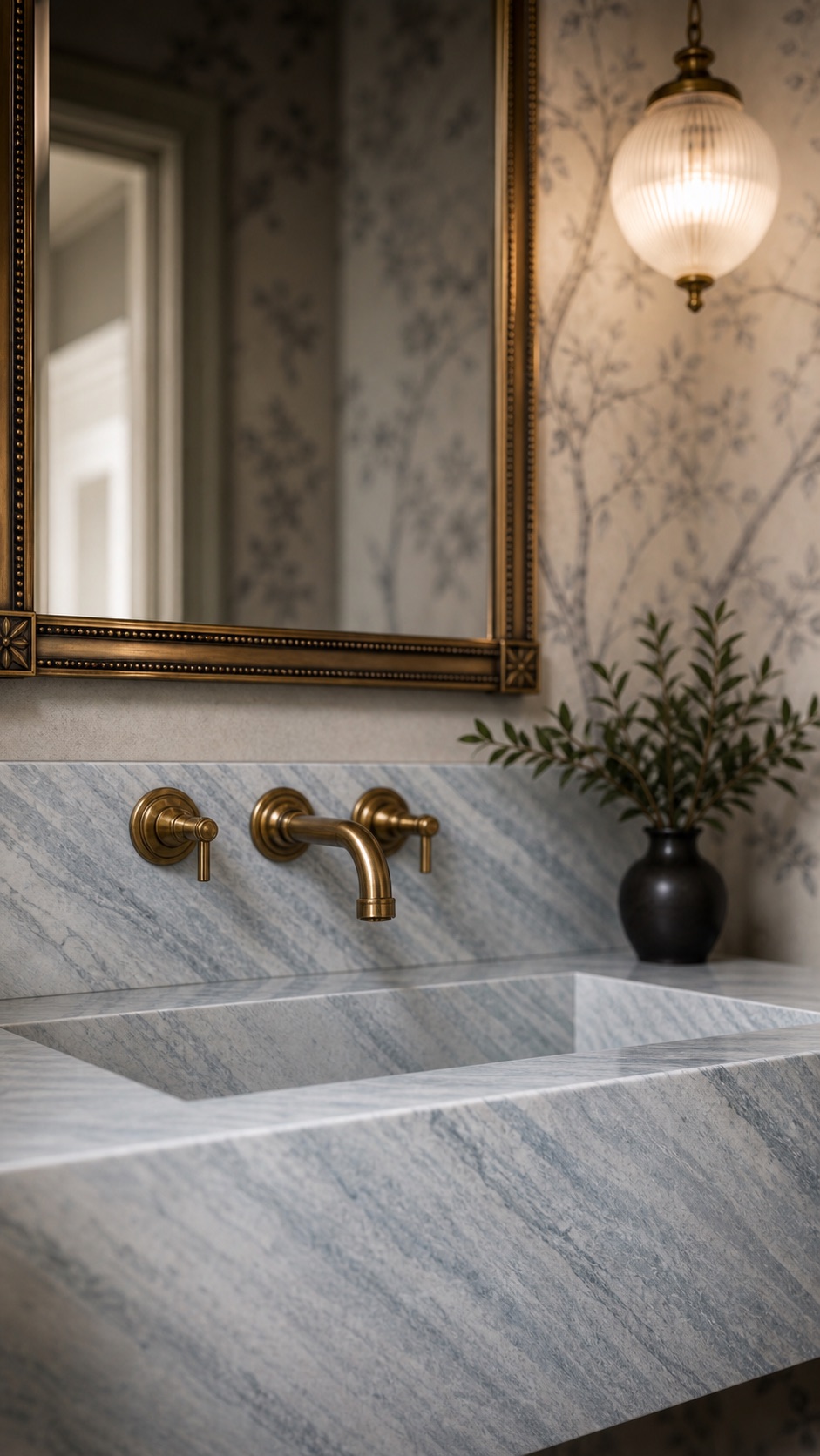 Close detail of Iceberg Blue Quartzite integrated basin, blue-grey veining, and brass tap