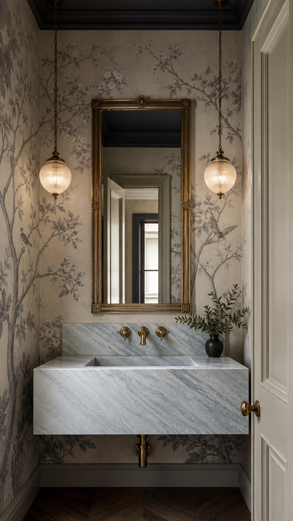 Iceberg Blue Quartzite floating vanity in a moody powder room with antique brass fittings