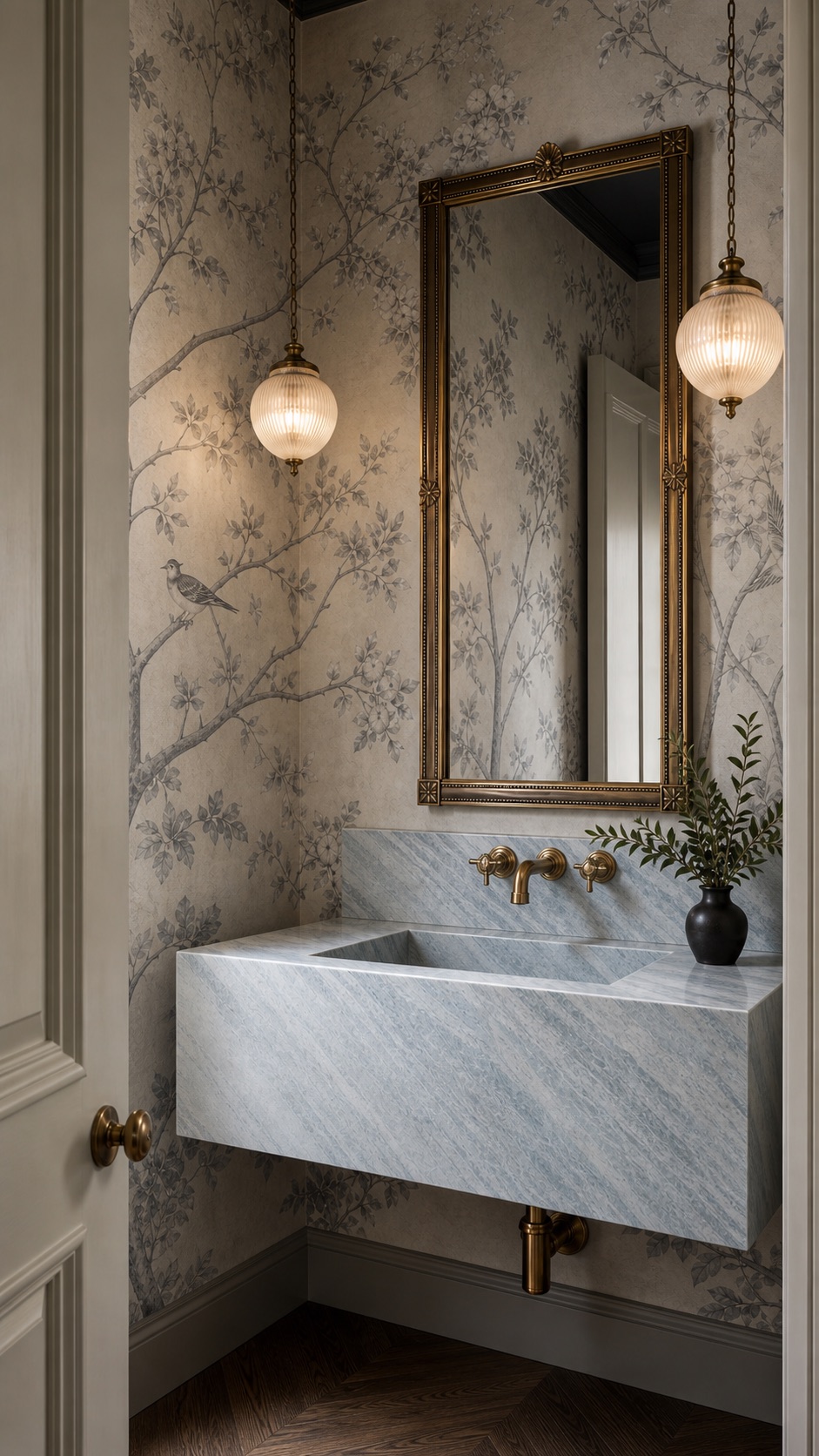Blue-grey Iceberg Blue Quartzite vanity with integrated sink and brass wall-mounted tap