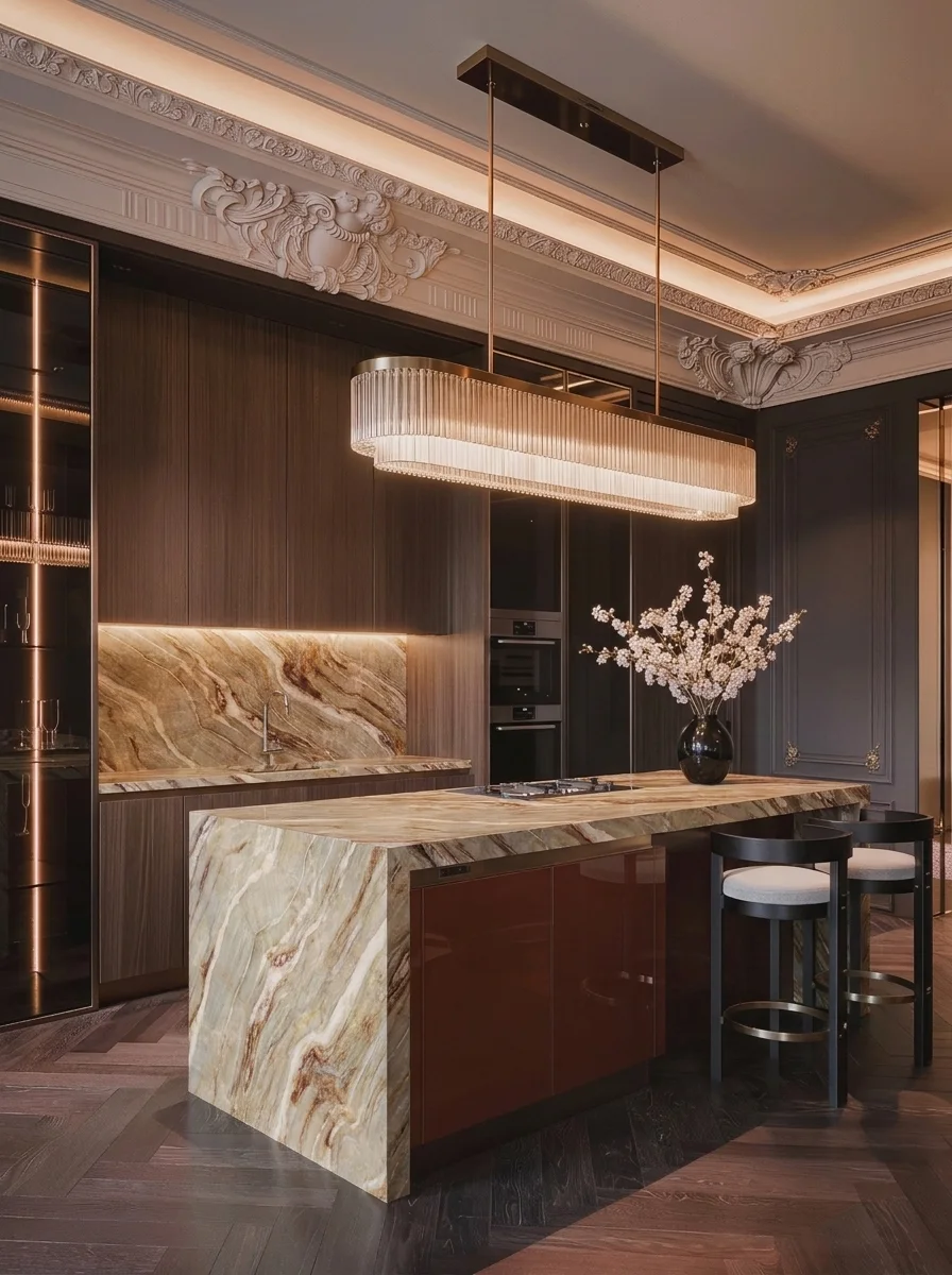 Nacarado quartzite waterfall island and backsplash in a dark timber kitchen