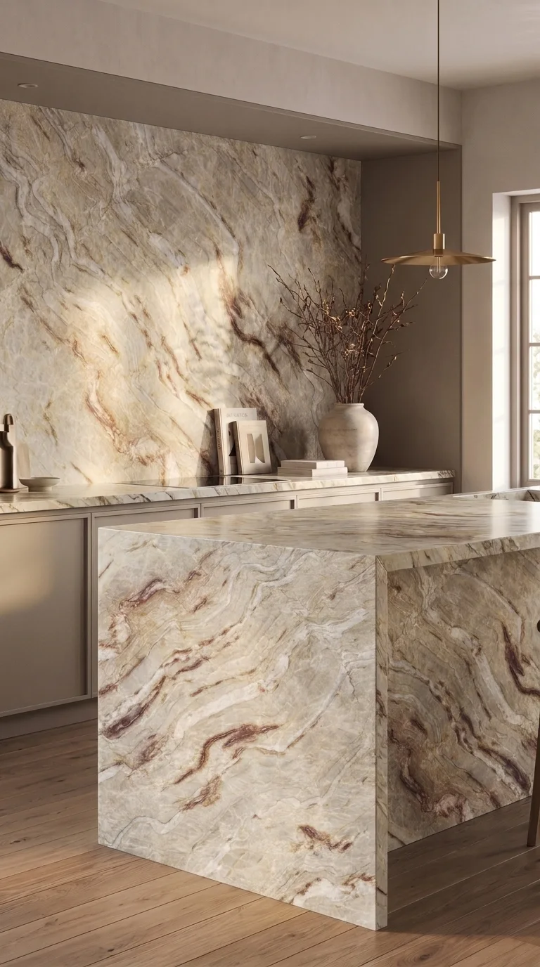 Nacarado quartzite waterfall island and feature wall in a neutral kitchen