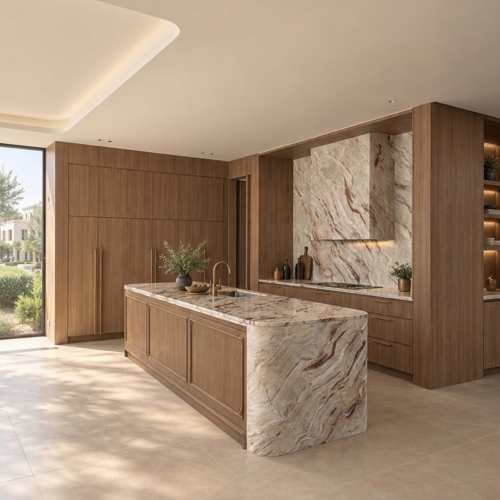 Warm timber kitchen with a dramatic Nacarado quartzite island and matching backsplash