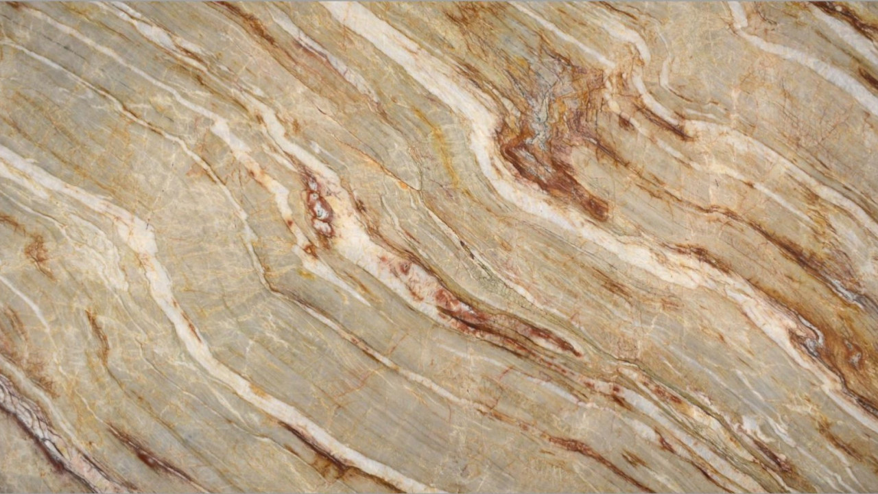 Close view of a Nacarado quartzite slab with sweeping cream and rust movement