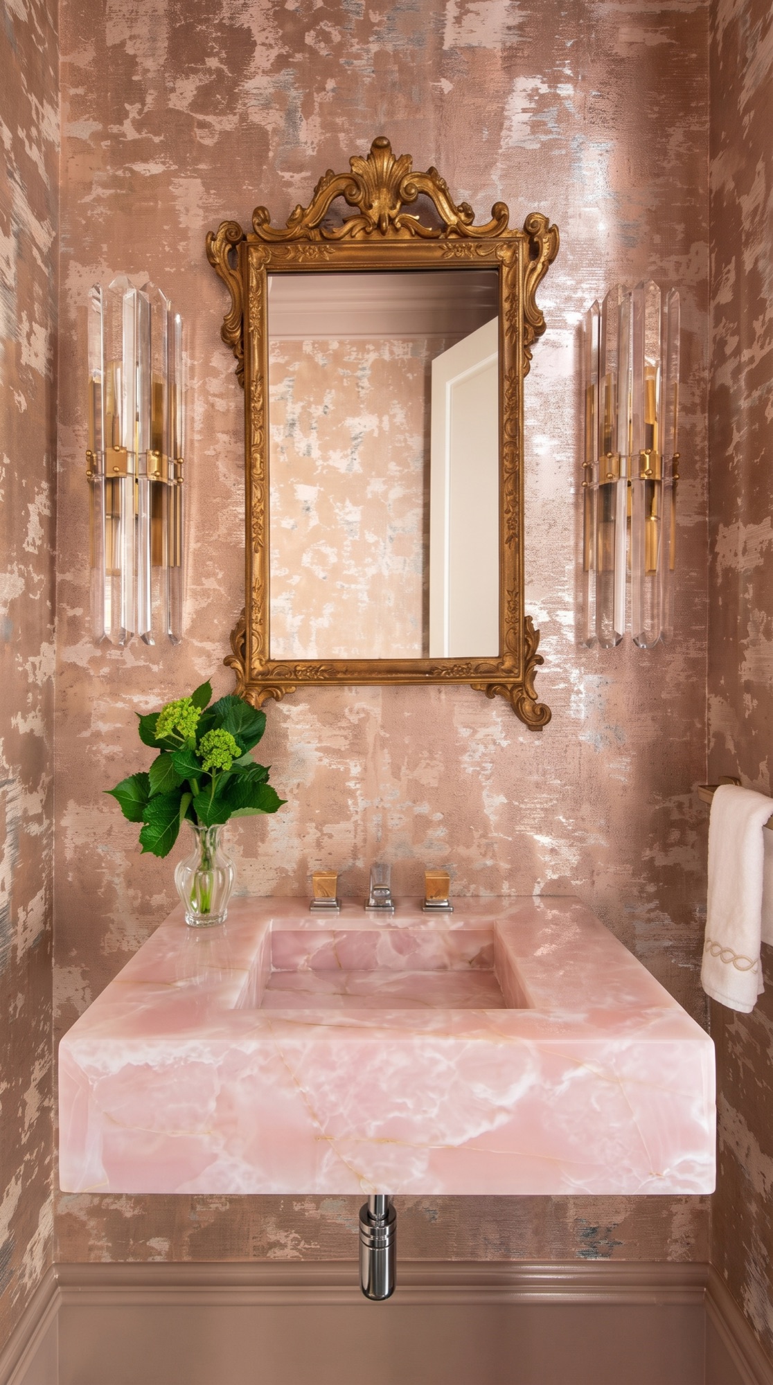 Pink onyx vanity with an integrated basin, ornate mirror, and warm wall finish