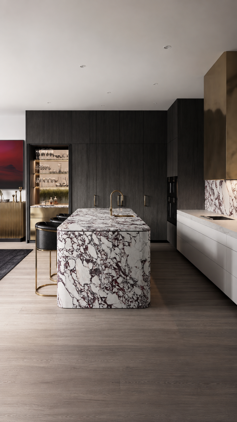 Dark wood kitchen with a dramatic premium Calacatta Viola marble waterfall island and matching backsplash