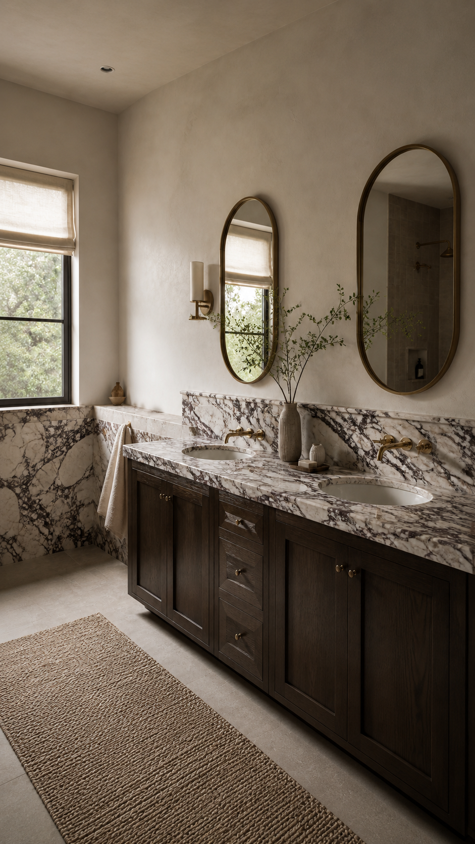 Premium Calacatta Viola marble double vanity with dark oak cabinetry and brass fixtures