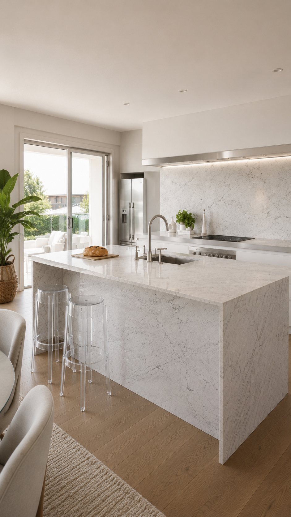 Bright kitchen with a Carrara marble waterfall island and matching white marble backsplash