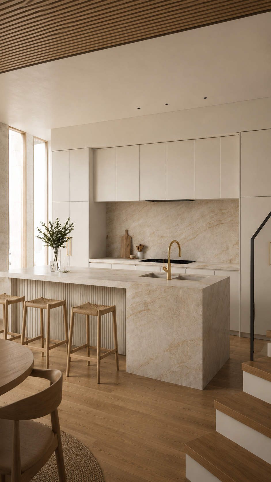 Warm neutral kitchen with a Taj Mahal quartzite waterfall island, backsplash, pale cabinetry, and timber ceiling