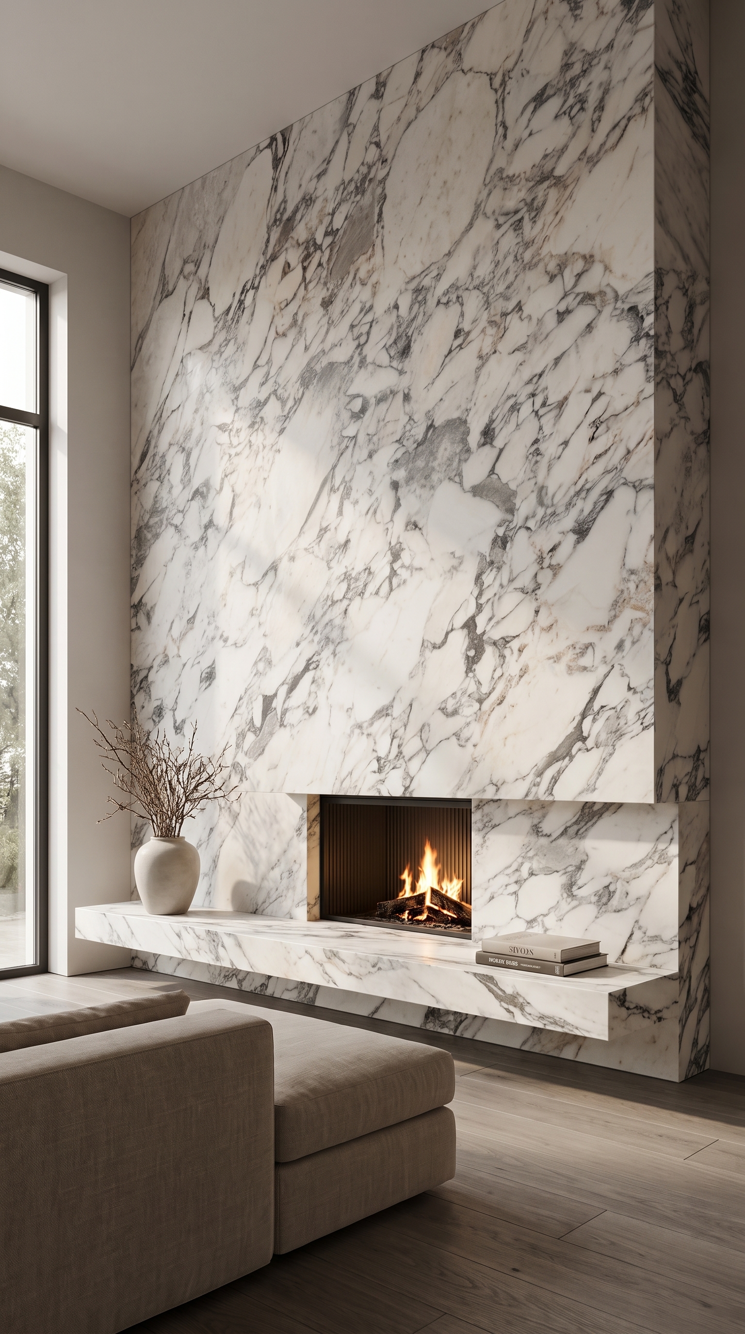 Floor-to-ceiling Arabescato marble fireplace in a contemporary living room