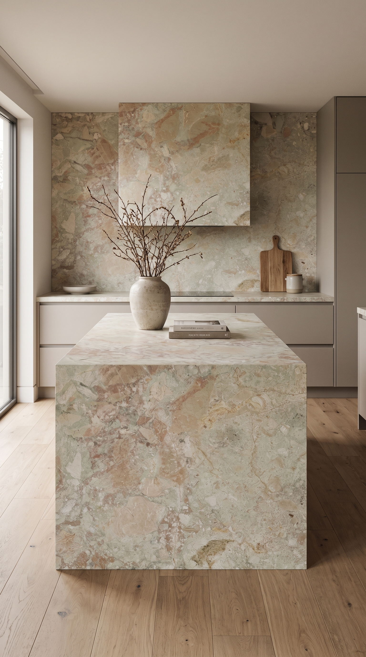 Breccia Botticelli marble waterfall island in a warm minimal kitchen