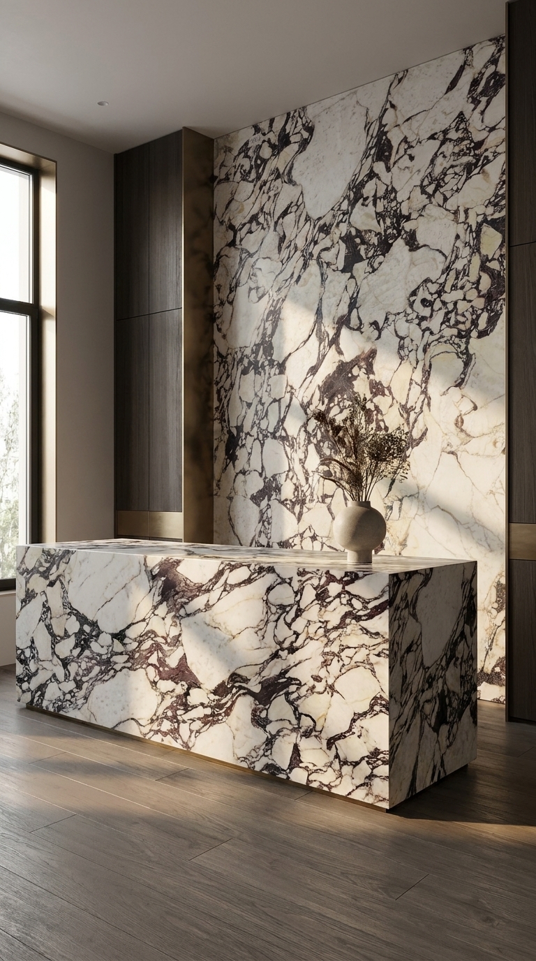 Calacatta Viola marble island and full-height feature wall in a warm contemporary interior