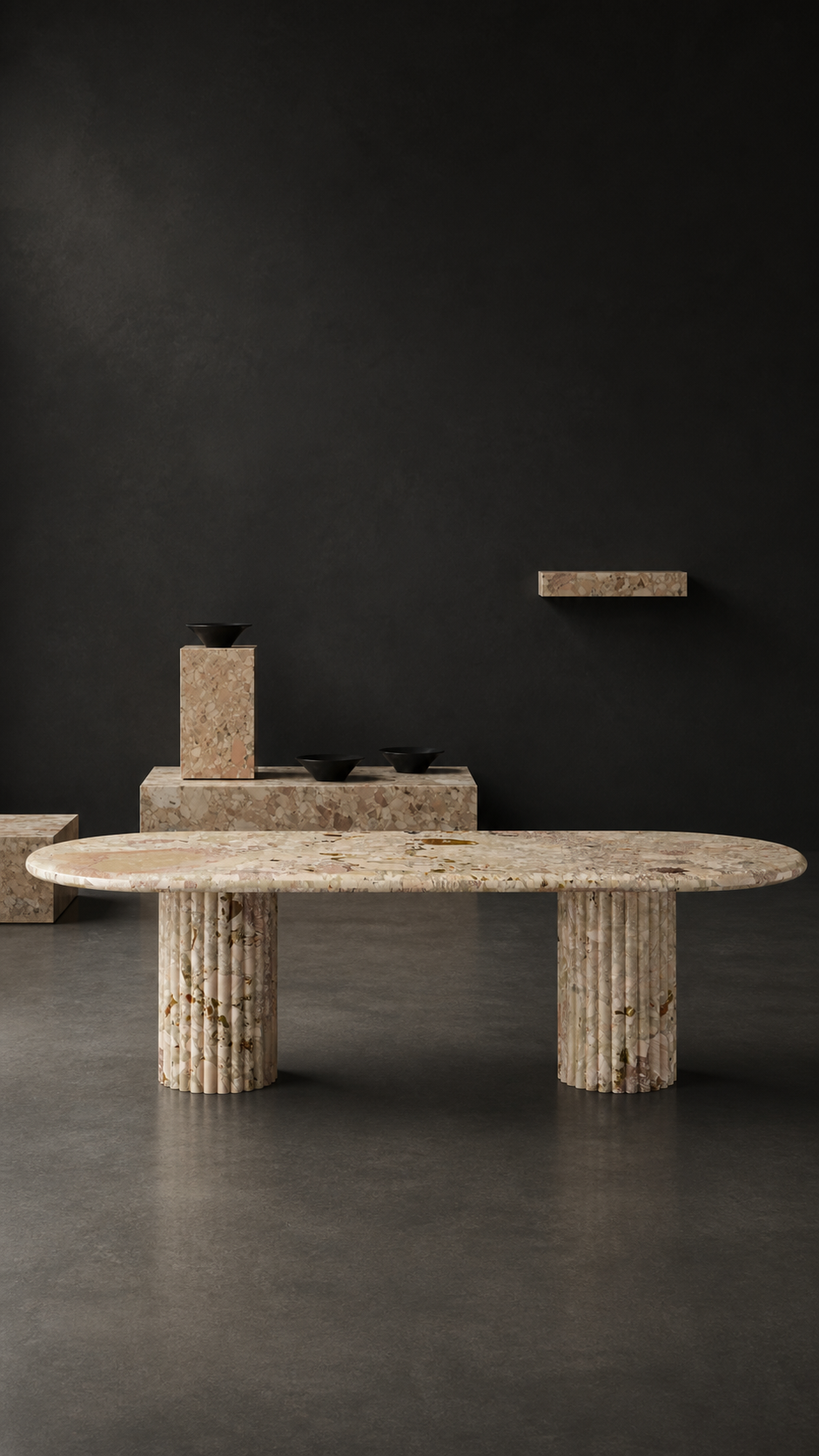 Front view of a Breccia Botticelli stone dining table with fluted legs