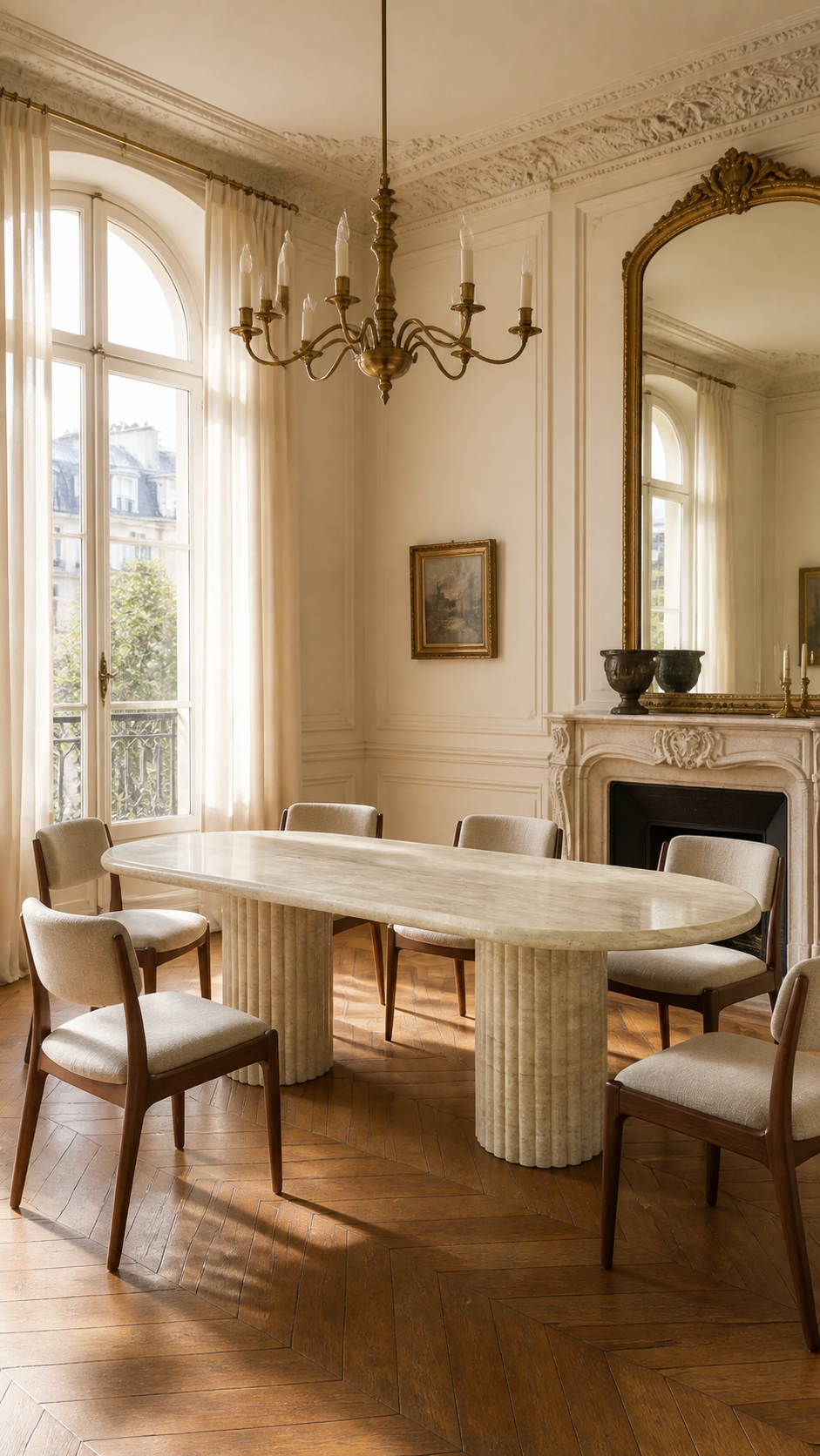 Navona Travertine dining table with fluted legs in a classical room