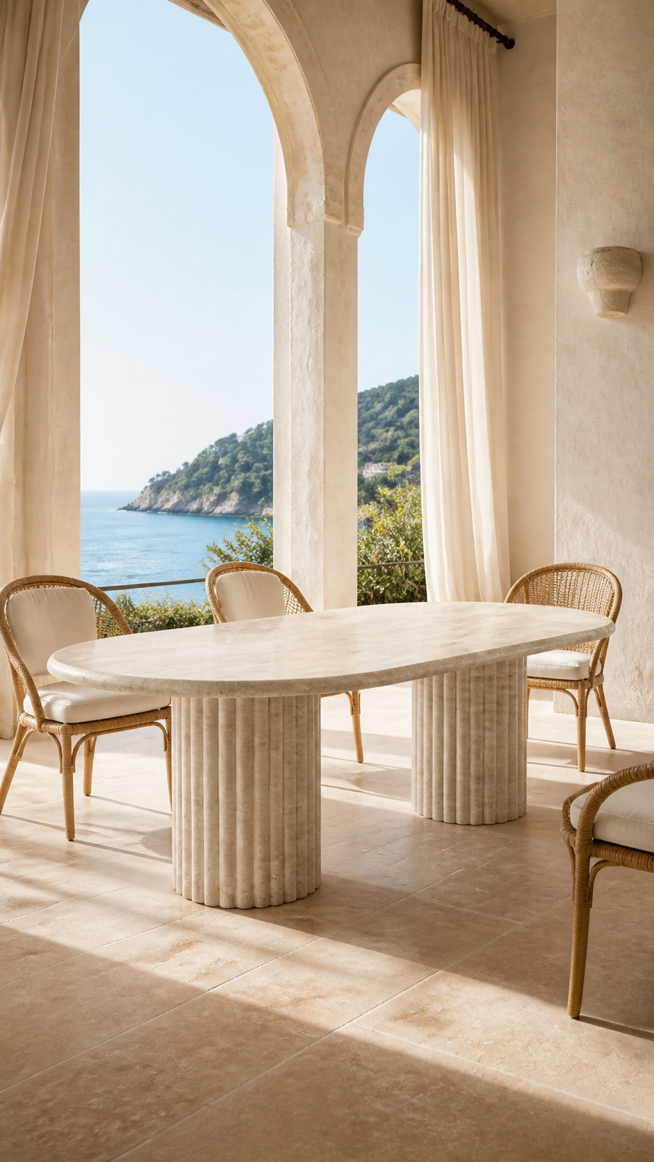 Navona Travertine oval dining table in a sunlit coastal interior