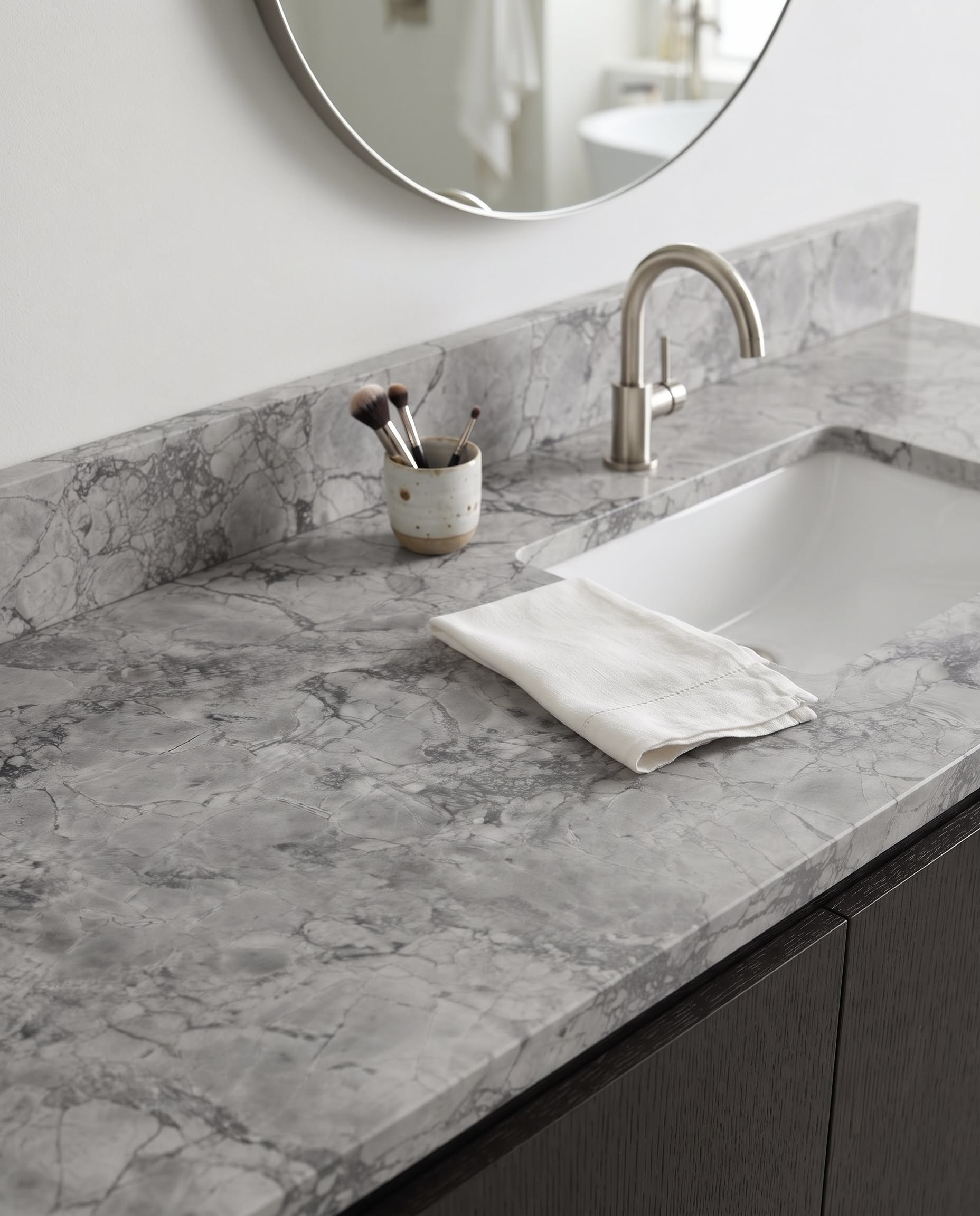 Cool grey Super White vanity with matching backsplash in a modern bathroom