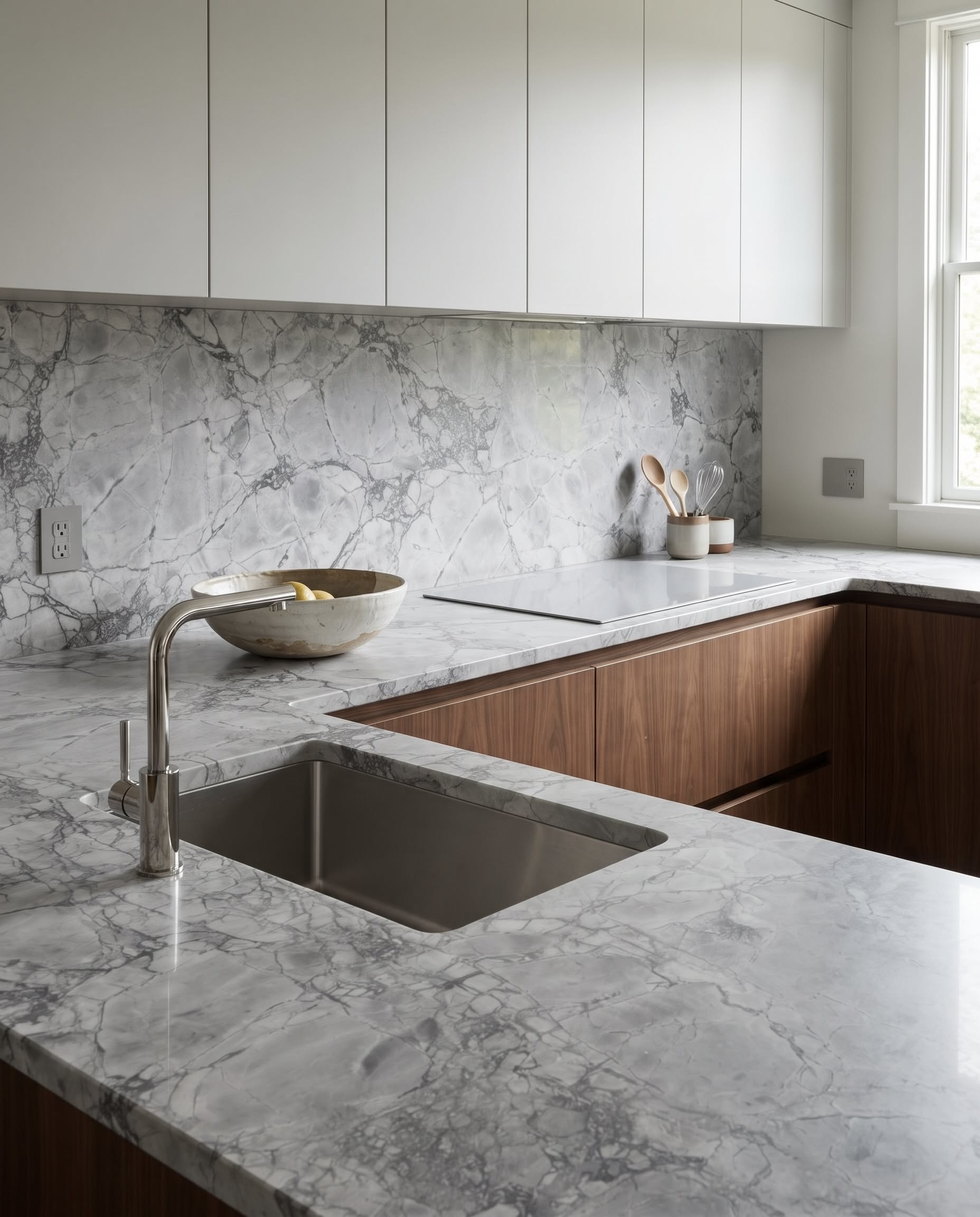 Super White worktops and full-height backsplash with white and walnut cabinetry