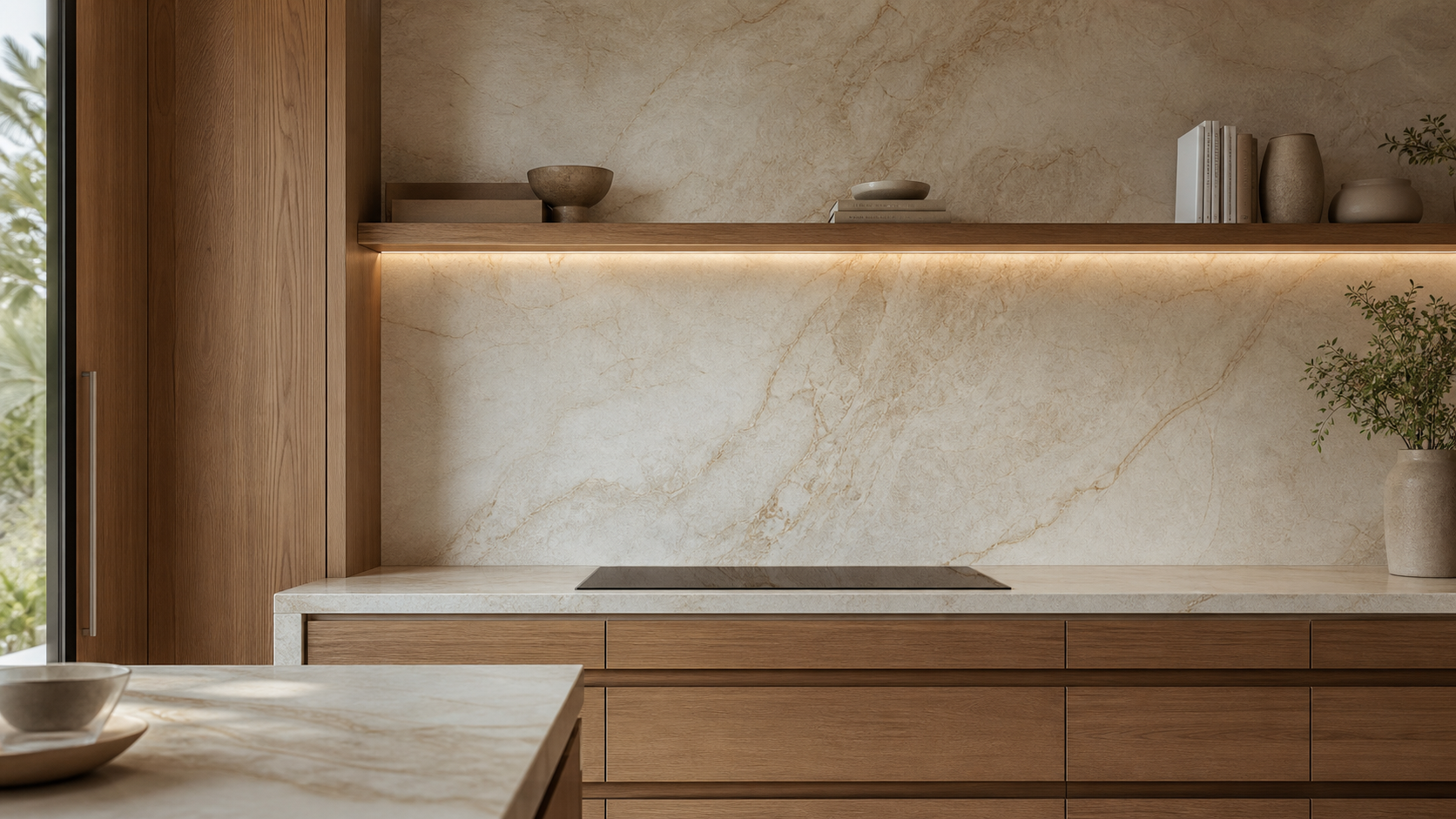 Full-height Taj Mahal quartzite backsplash under a walnut open shelf