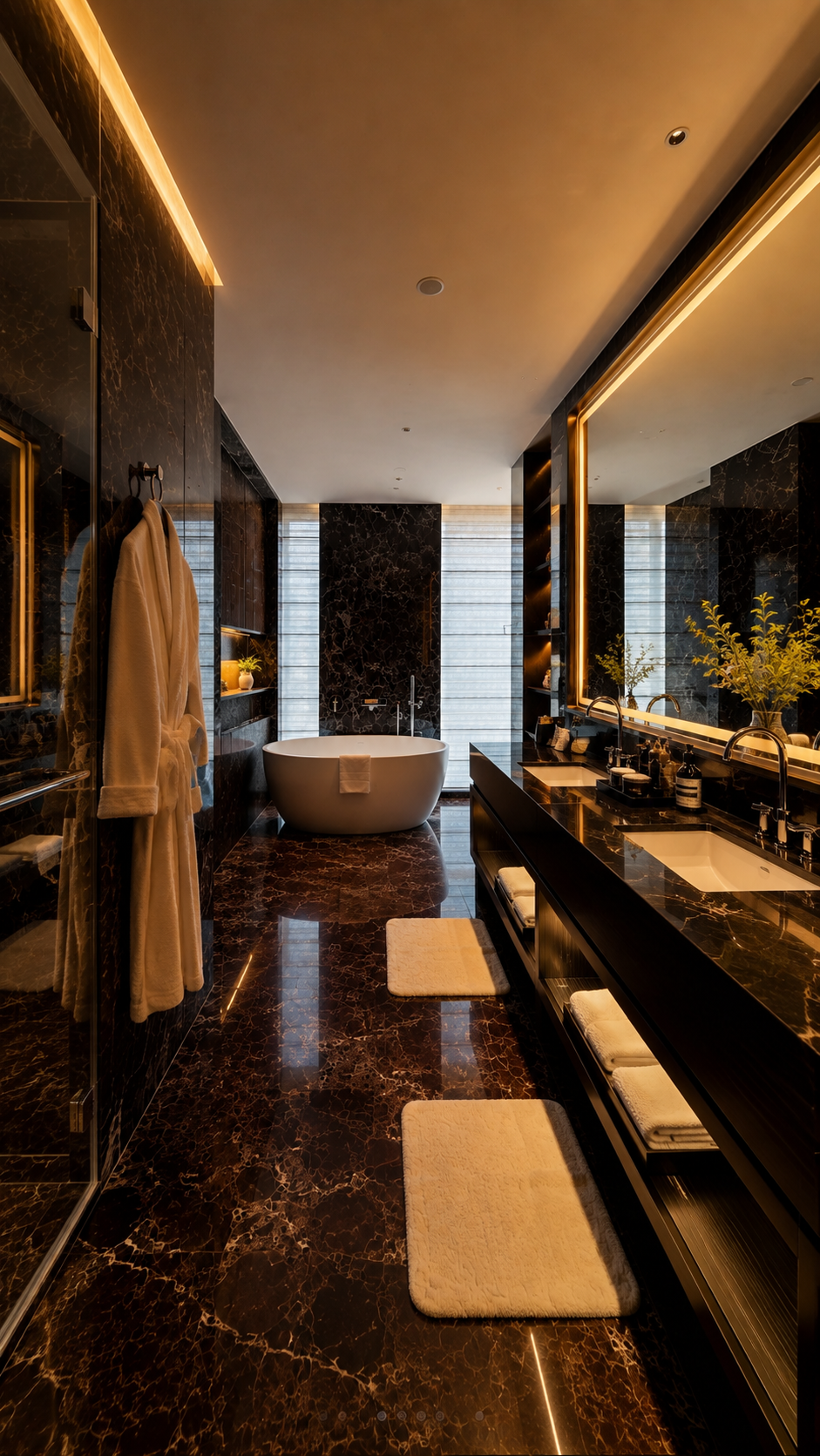 Rosso Levanto Italian marble in a luxury bathroom with dark red wall cladding, floor, and warm brass lighting