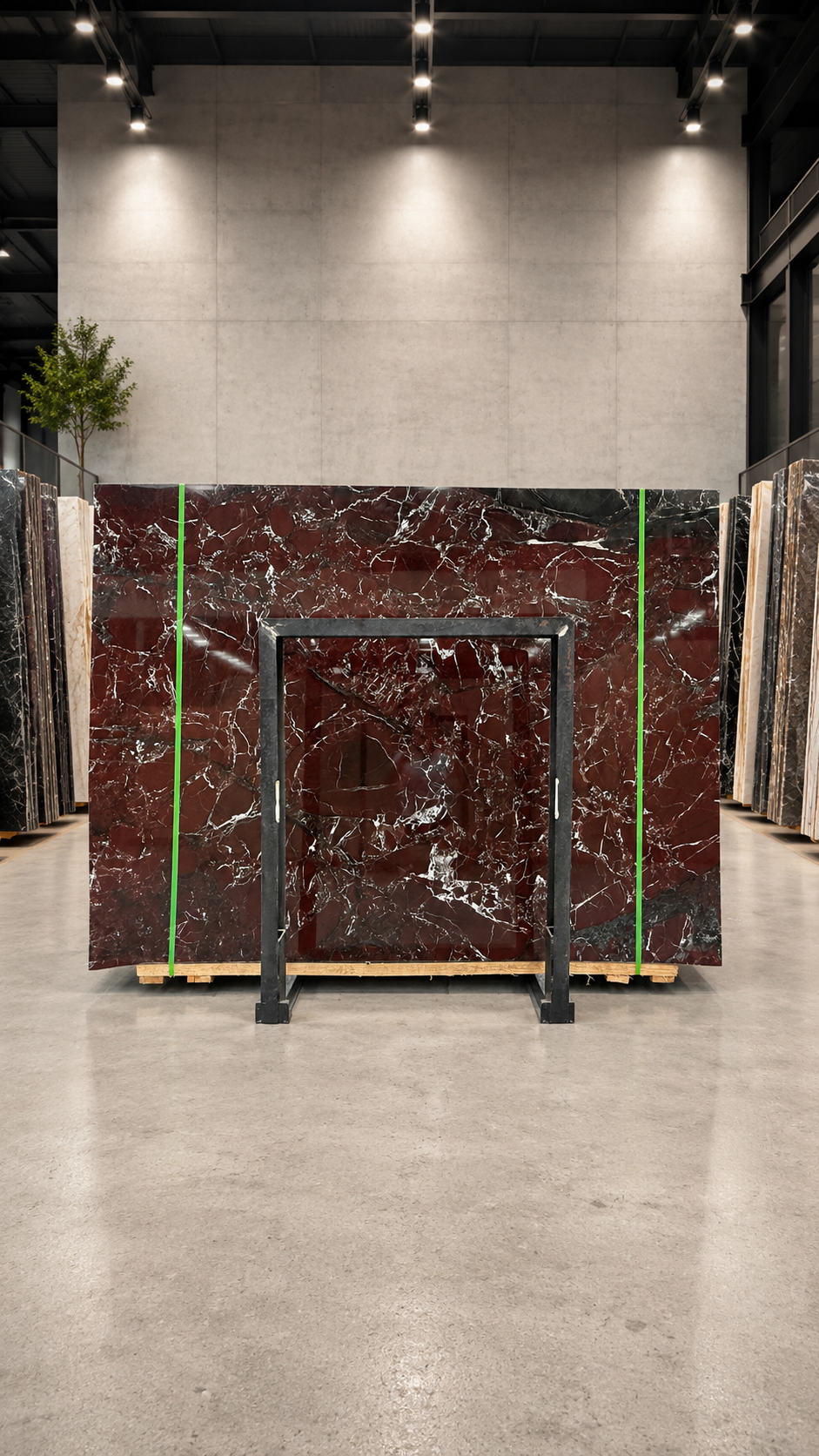 Rosso Levanto Italian marble slab with a deep burgundy red ground and bold white veining in a stone warehouse