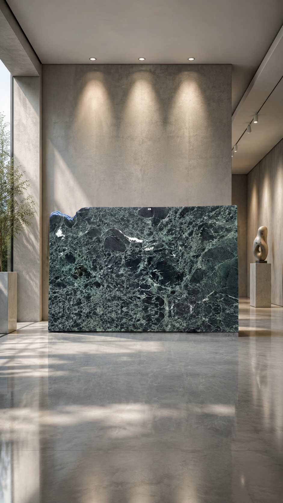 Full Verde Alpi marble slab showing dark forest green colour with lighter green and white veining