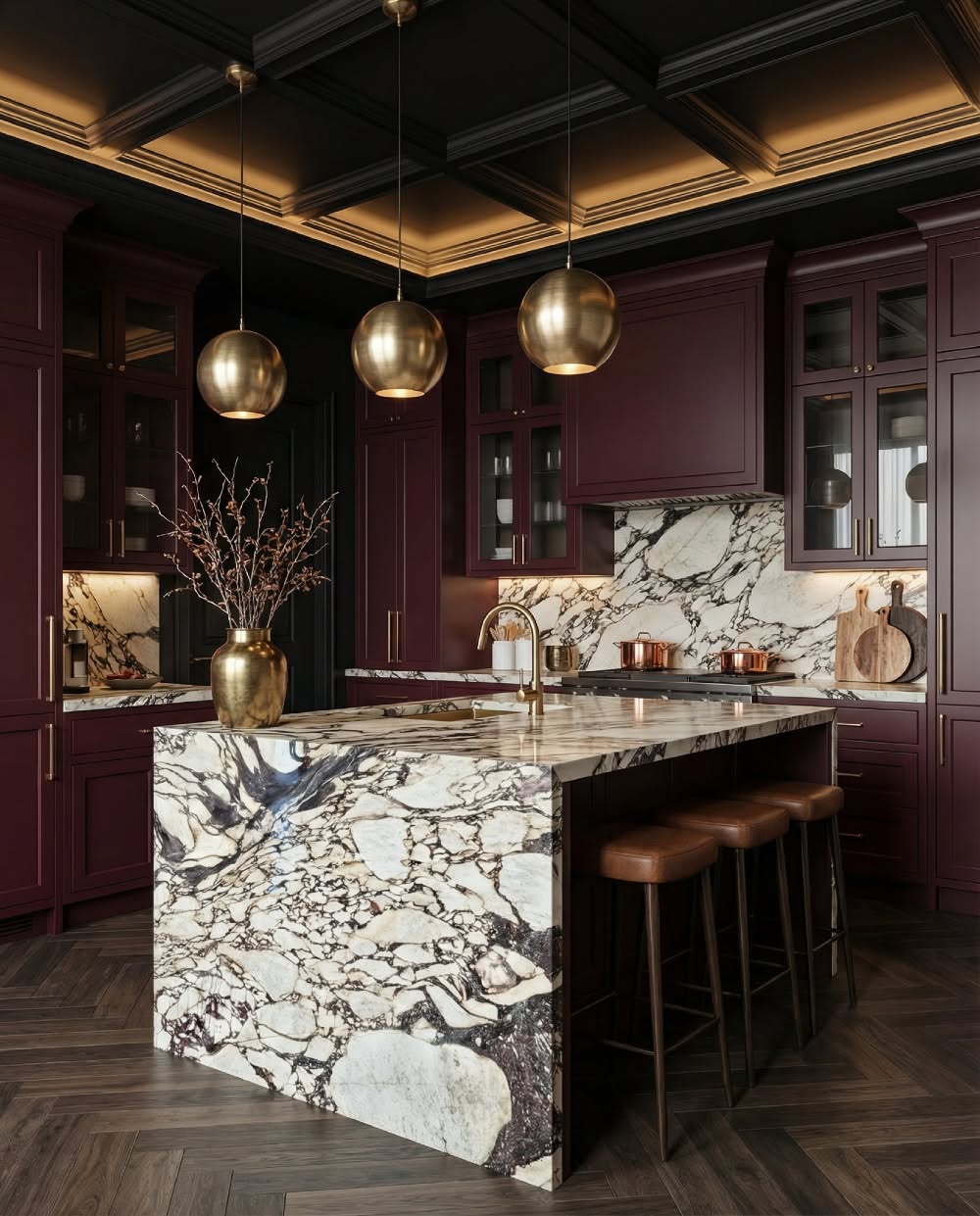 Calacatta Viola marble waterfall island and backsplash in a dark burgundy kitchen with brass lighting